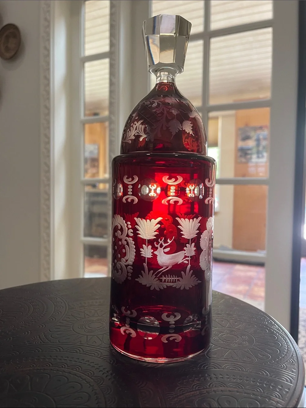 Egermann Ruby Red Etched Glass Decanter and Goblet Set